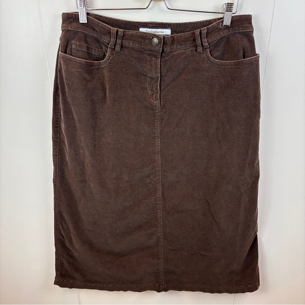 Croft & Barrow Corduroy Midi Skirt Dark Brown Stretch Long A-Line sz 14 Preppy